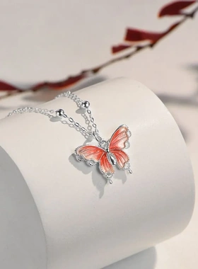 足银990十字间珠款珐琅彩色蝴蝶项链国风项链女气质流苏长款立体