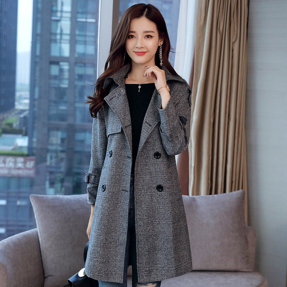 格子大码新款潮气质宽松休闲风衣 媛薇儿风衣