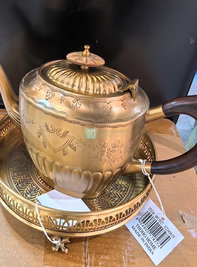 印度进口复古黄铜雕花手工装饰壶茶壶轻奢美式轻奢金属特色摆件