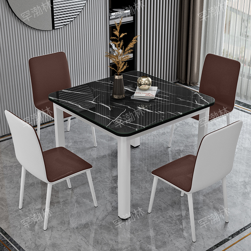 轻奢餐桌椅组合现代简约钢化玻璃四方桌子正方形家用小户型吃饭桌 - 图2