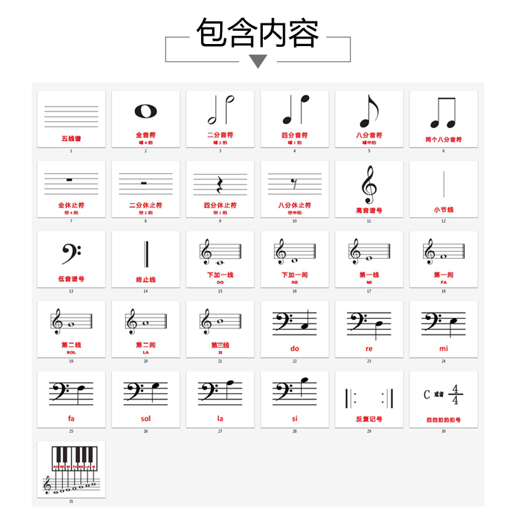 五线谱音符卡片音乐初学者启蒙基础知识儿童乐器乐理入门早教闪卡 - 图0