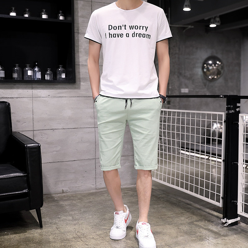 男士夏季休闲运动套装2024夏装时尚短袖字母T恤韩版短裤五分裤潮,淘宝优惠券,粉丝福利购,淘宝优惠卷