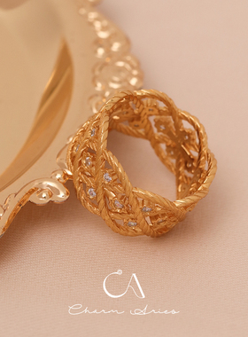 s925银中古镂空条纹金色宽版戒指