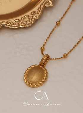 s925银中古椭圆花边圆牌项链金色