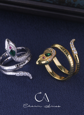 情侣S925纯银小众绿眼灵蛇戒指