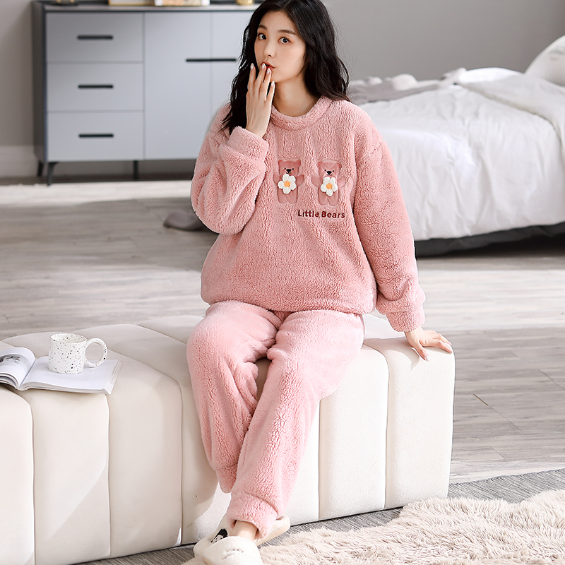 珊瑚绒睡衣女秋冬季加绒加厚可爱卡通法兰绒保暖家居服可外穿套装