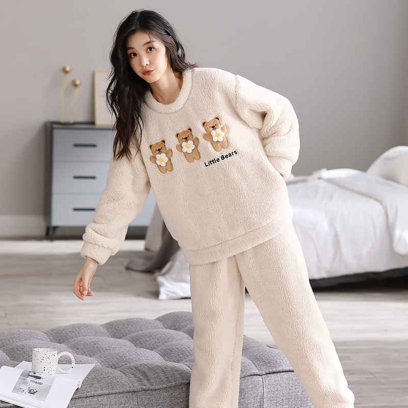 秋冬季珊瑚绒睡衣女士加绒加厚法兰绒可爱卡通休闲家居服保暖套装