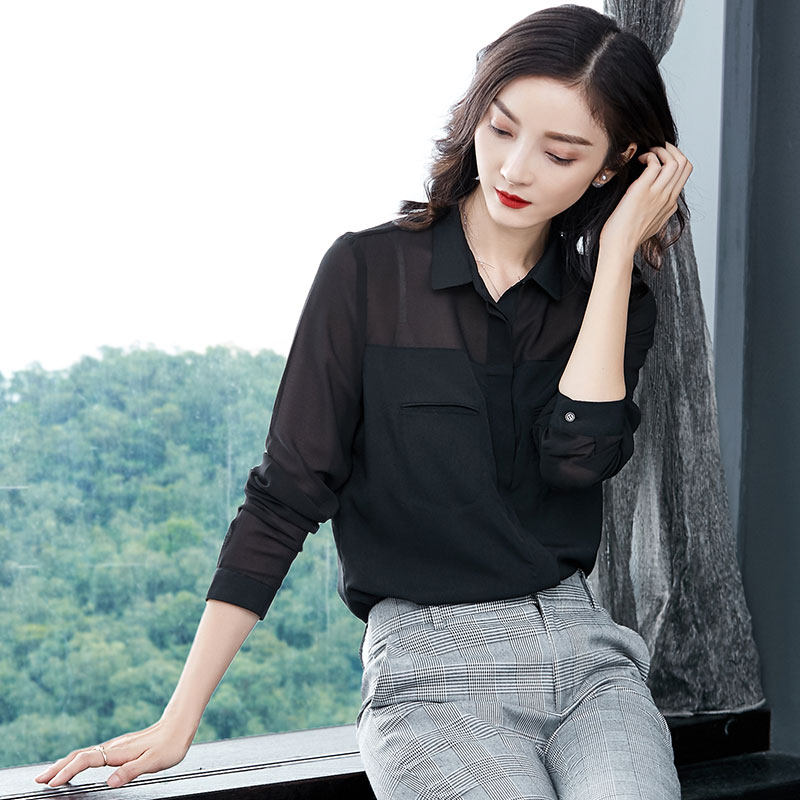 洋气百搭女2020秋装新款黑色衬衫 古妮朵女装蕾丝衫/雪纺衫