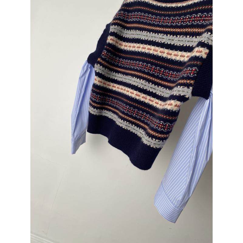 2026年春季新款复古费尔岛风假两件针织衫圆领拼接衬衫袖毛衣上衣,淘宝优惠券,粉丝福利购,淘宝优惠卷