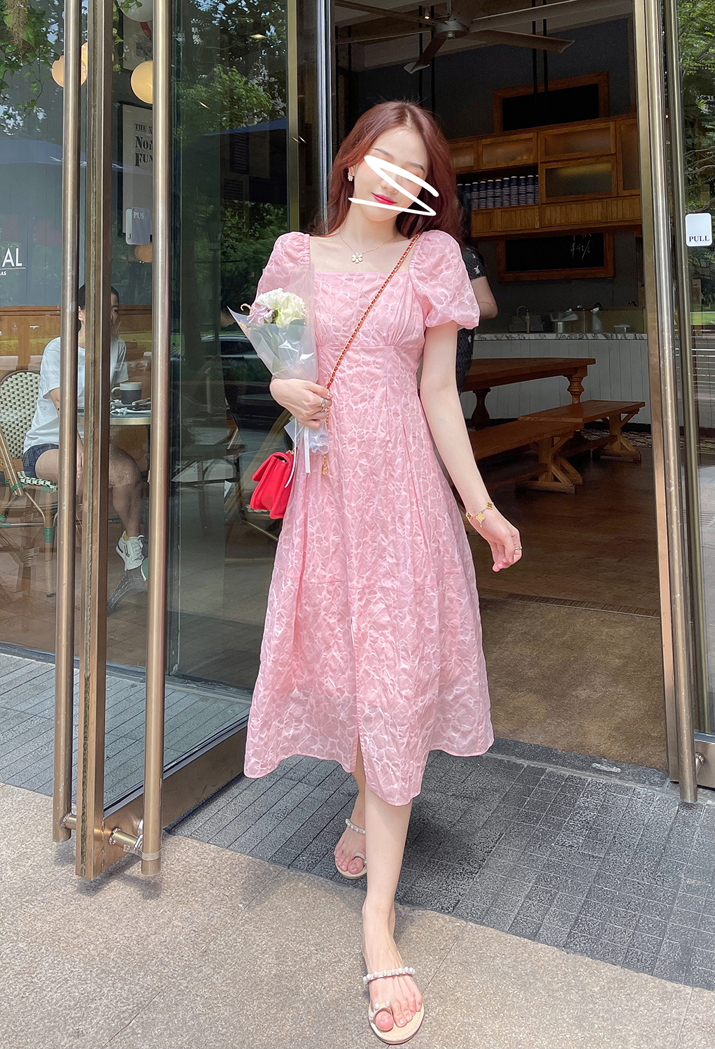 TAKIYAS法式粉色连衣裙方领提花泡泡袖奶甜裙 - 图3