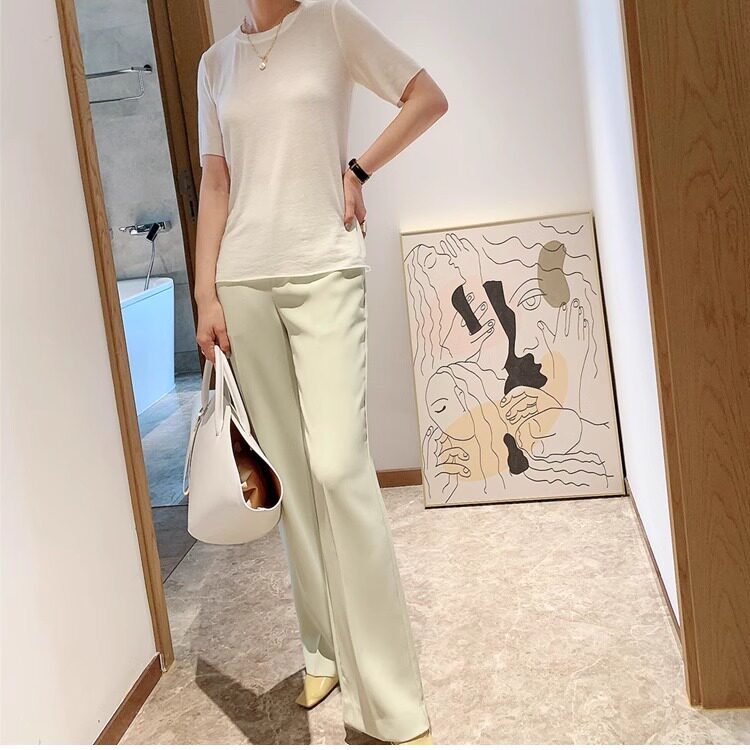 豆绿高腰长腿直筒西装裤阔腿春女垂感微喇叭长裤H0299