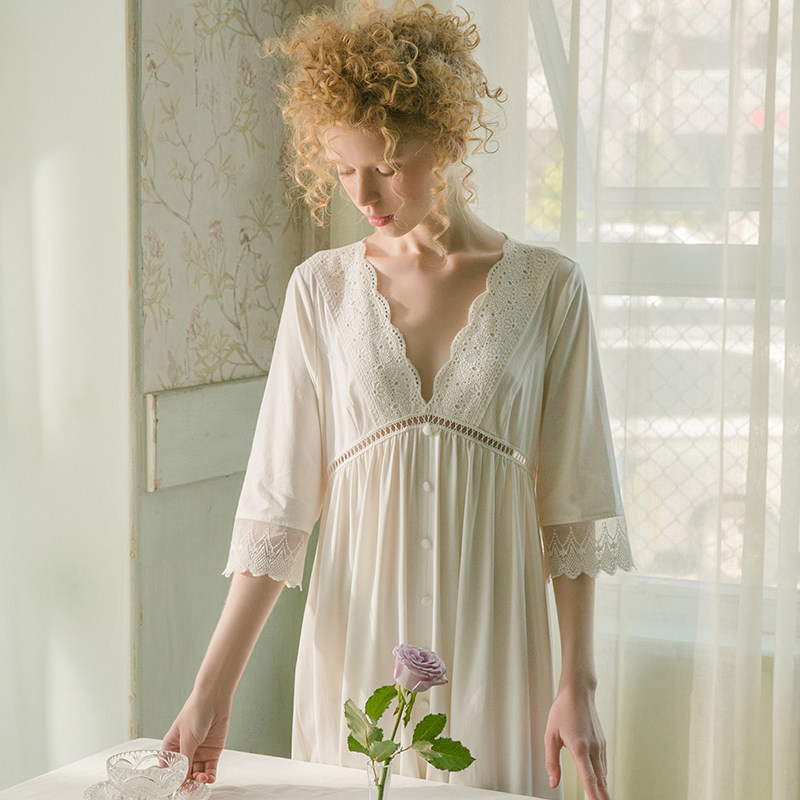 春季宫廷性感蕾丝长袖v领纯色睡裙 尘熙睡裙