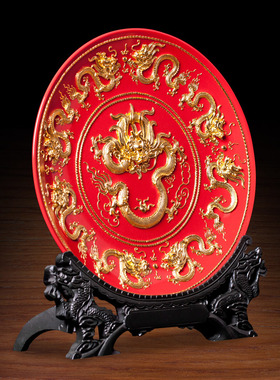 中国红陶瓷九龙红盘桌面金箔摆件