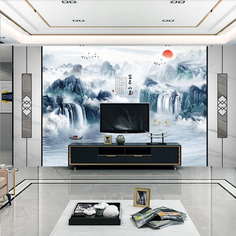 中式电视背景墙壁纸家用现代简约3d墙纸水墨意境山水画墙布8d壁画