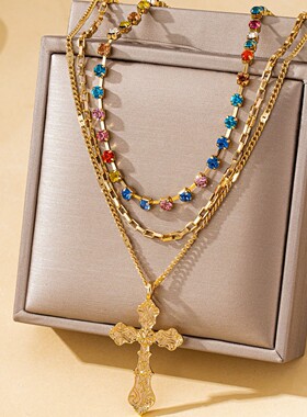 女甜酷叠戴镶钻十字架吊坠仿水晶链条项链