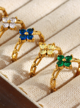 女式欧美时尚气质小众个性创意不锈钢镀18K金花朵锆石链条戒指