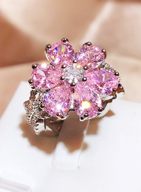 女式甜美可爱时尚粉色心形锆石戒指