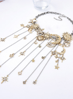 欧美复古夸张合金镶锆石日月星辰吊坠轻奢感流苏项链