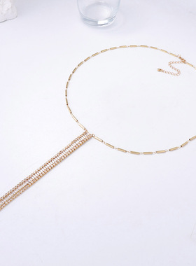 精致时尚轻奢INS冷淡风合金镶锆石长款几何线性吊坠毛衣链