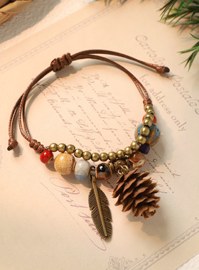 手工编织陶瓷植物橡果手链天然果实手绳复古森系文艺民族风手串女