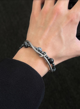 黑胆石缠绕串珠手链男女轻奢小众感情侣款手饰雪花石饰品