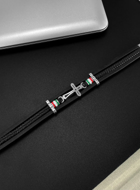 欧美复古时尚百搭潮流十字架皮手镯个性手工编织多层嘻哈配饰