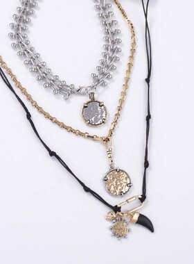 个性潮流Ins风多层叠戴链条几何合金徽章吊坠项链酷妹风