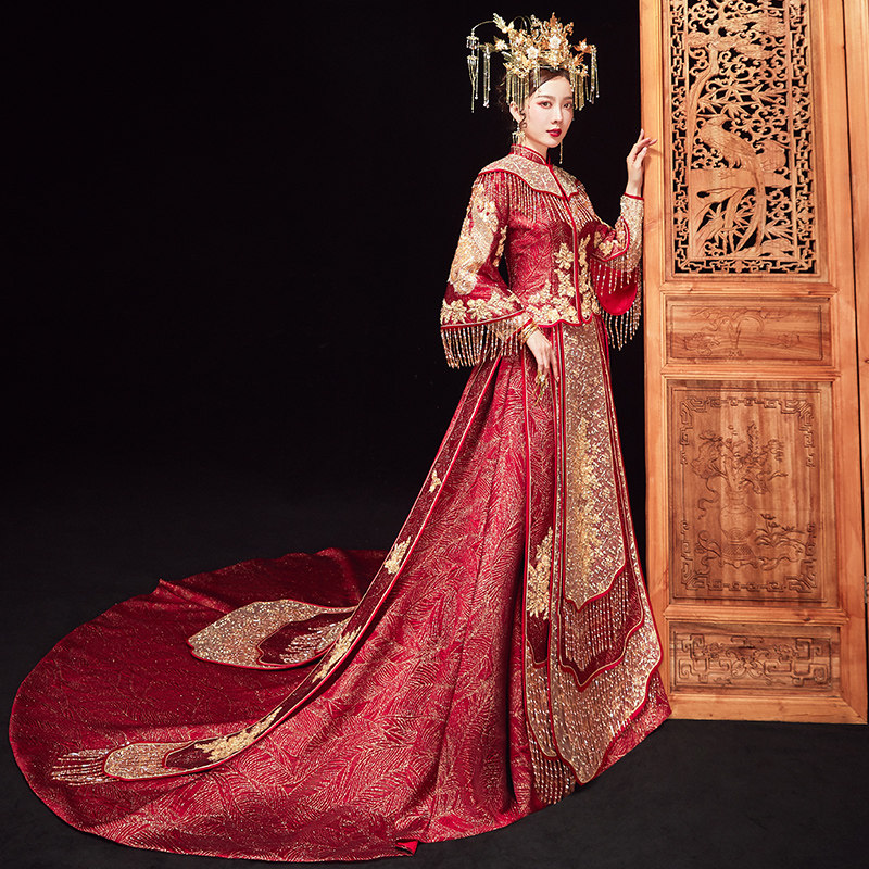 秀禾服新娘2020新款中式古装婚纱 深麻旗袍