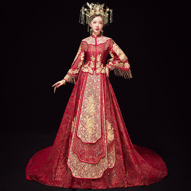 秀禾服新娘2020新款中式古装婚纱 深麻旗袍