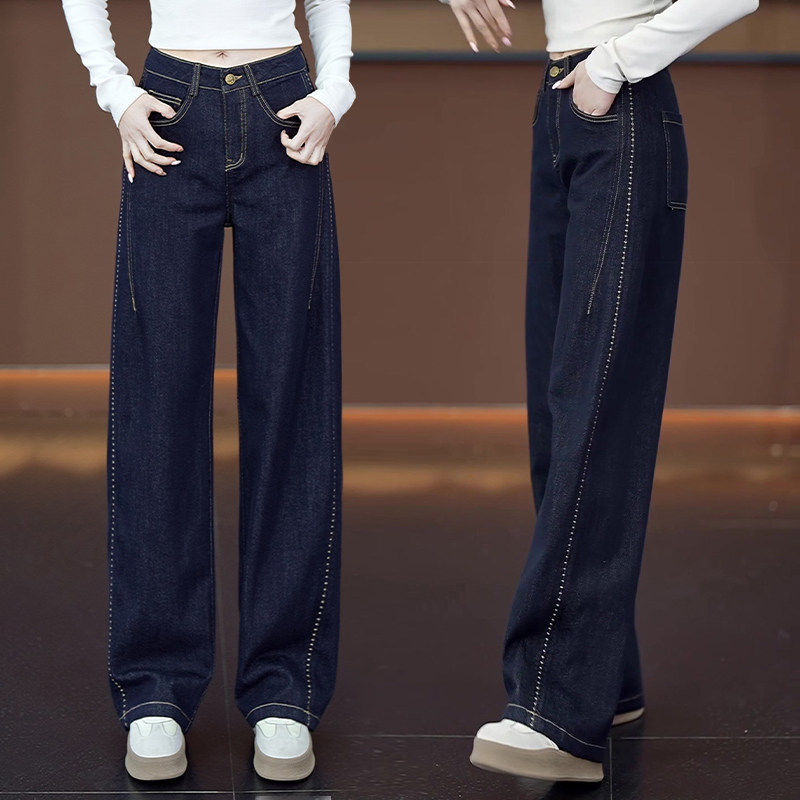 拉夏贝尔设计感弯刀阔腿牛仔裤女2026春季新款复古宽松直筒长裤子,淘宝优惠券,粉丝福利购,淘宝优惠卷