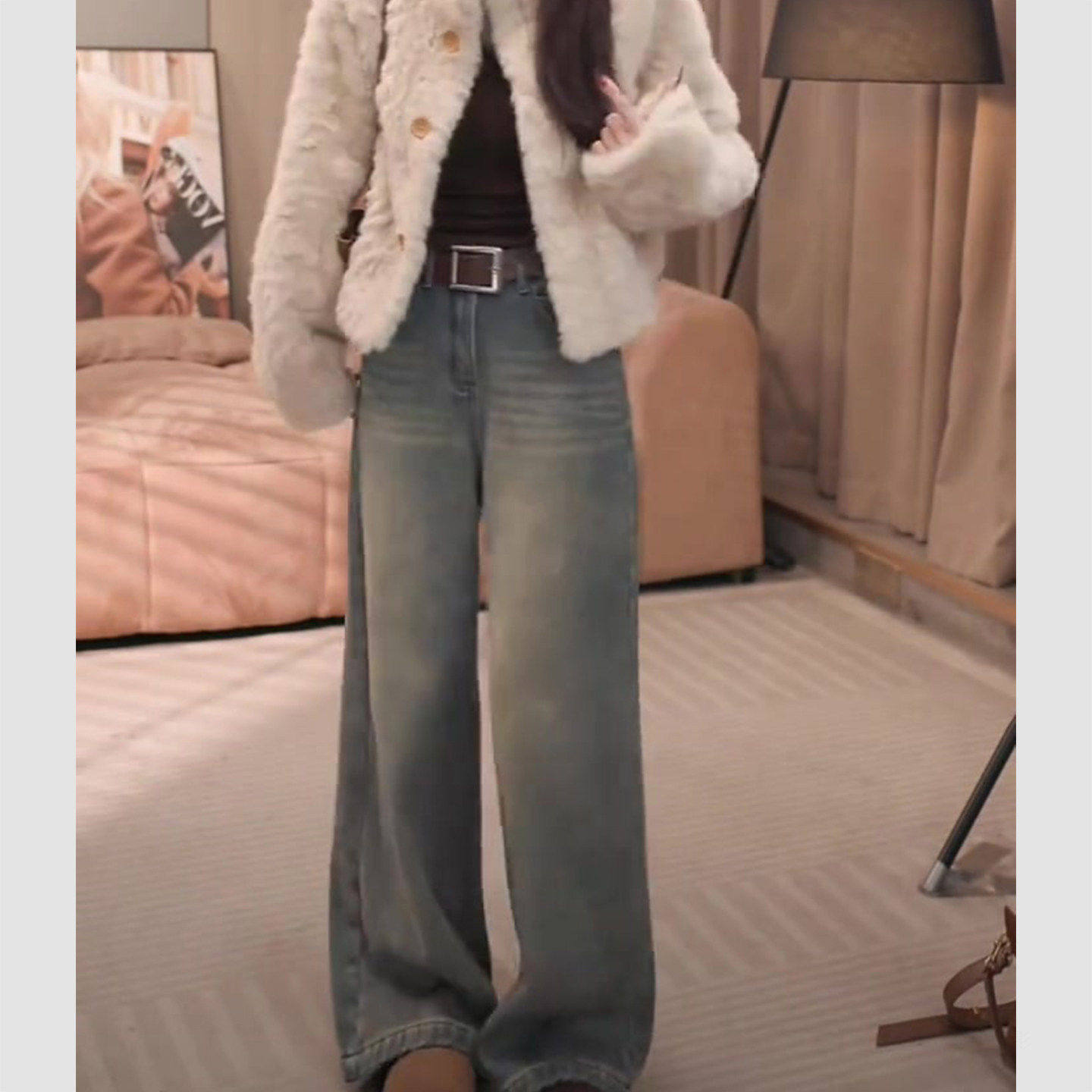 拉夏贝尔复古水洗设计感阔腿牛仔裤女款加绒2025款胖mm显瘦直筒裤,淘宝优惠券,粉丝福利购,淘宝优惠卷