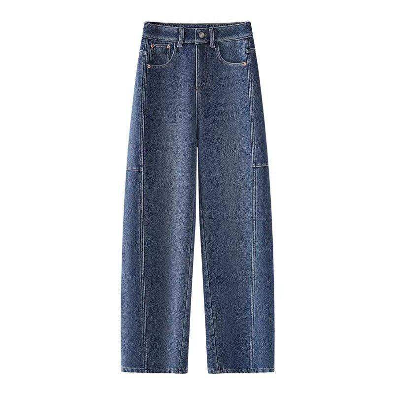 拉夏贝尔弯刀牛仔裤女裤子2025年冬季新款长裤宽松高腰加绒阔腿裤,淘宝优惠券,粉丝福利购,淘宝优惠卷