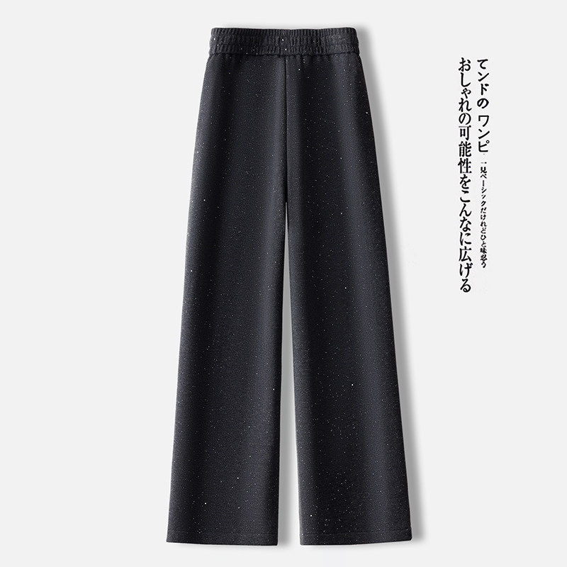 拉夏贝尔星空细闪加绒阔腿裤女2026春秋季高腰黑色松紧腰直筒裤子,淘宝优惠券,粉丝福利购,淘宝优惠卷