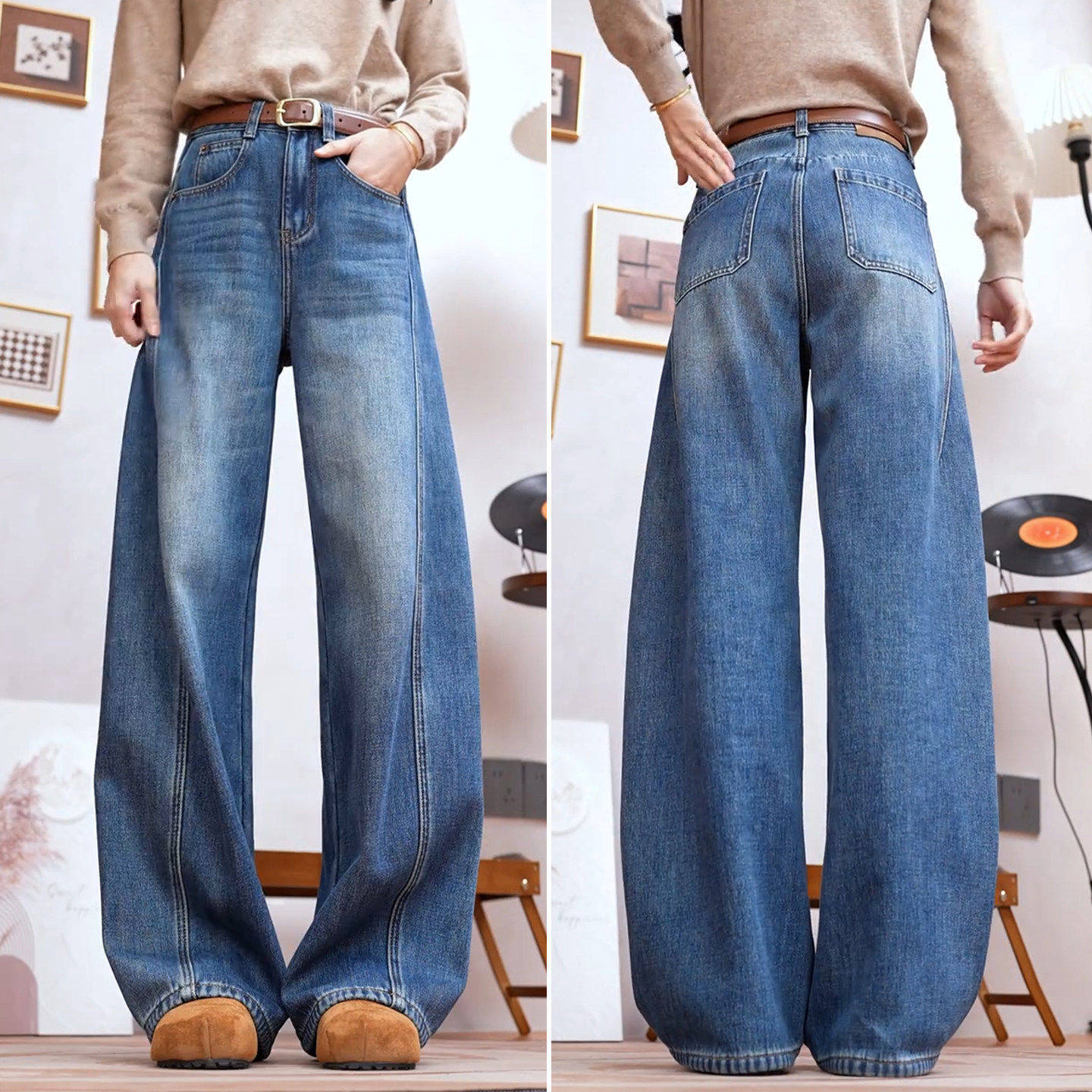 拉夏贝尔大码牛仔裤加绒裤子梨型身材粗腿2025新款女士弯刀阔腿裤,淘宝优惠券,粉丝福利购,淘宝优惠卷