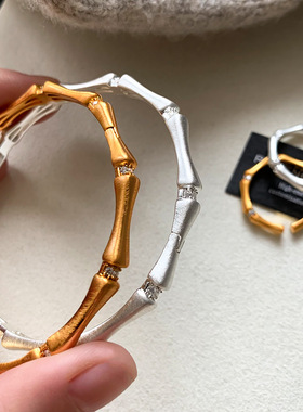 古法拉丝金属银色复古竹节镶钻手镯女高端轻奢小众精致高级感手饰