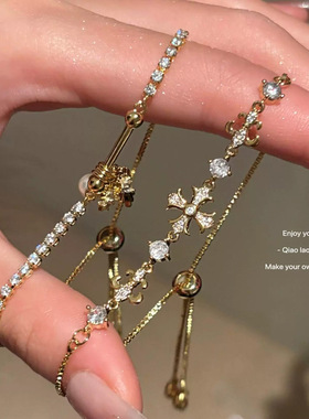 【饰全饰美】高级感欧美爆款十字架手链抽拉可调节时尚精致手环