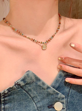 甜美彩色串珠猫眼石锁骨链