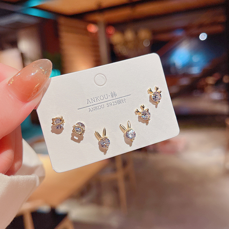 S925银针抖音同款超闪锆石小耳钉ins潮简约时尚耳环养耳套装系列 - 图0