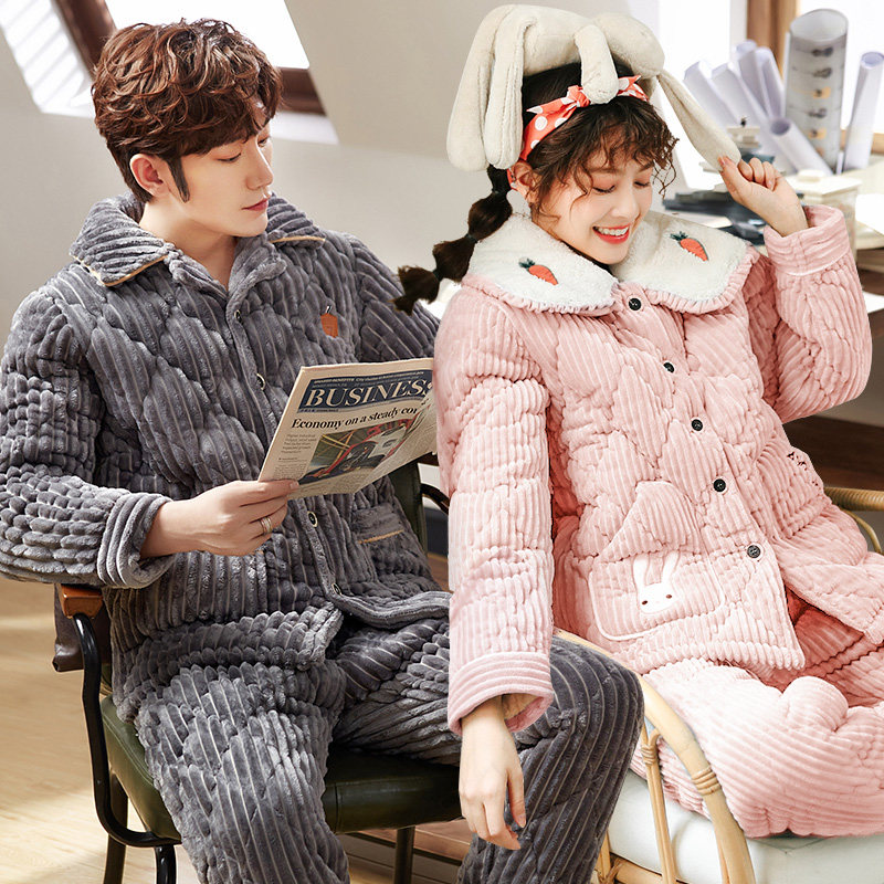 珊瑚绒情侣秋冬季款三层夹棉睡衣 缪黛睡衣/家居服套装