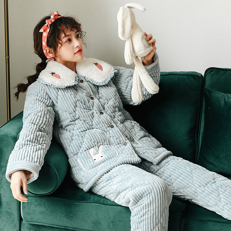 珊瑚绒三层夹棉袄加绒保暖冬天睡衣 缪黛睡衣/家居服套装