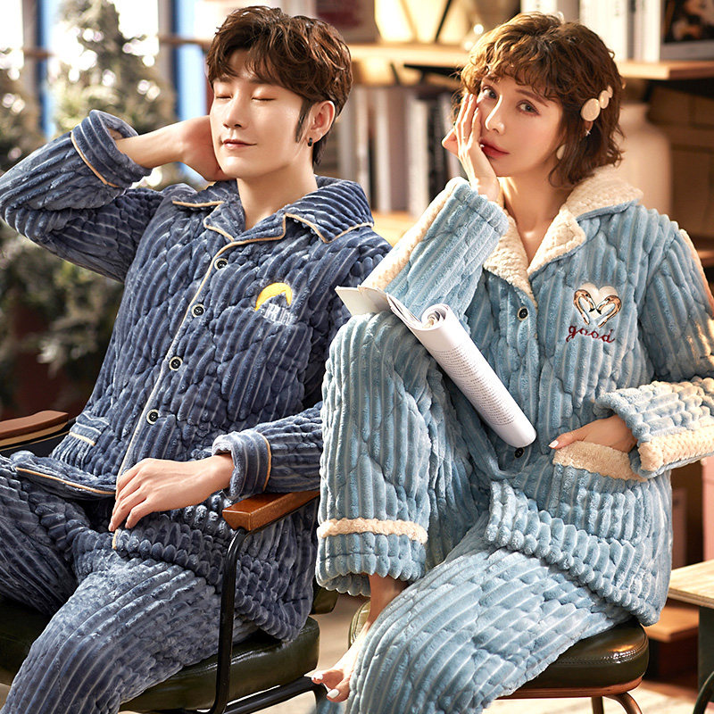 珊瑚绒情侣秋冬季款三层夹棉睡衣 缪黛睡衣/家居服套装