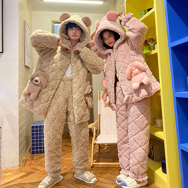 情侣冬季珊瑚绒三层夹棉加绒睡衣 缪黛睡衣/家居服套装