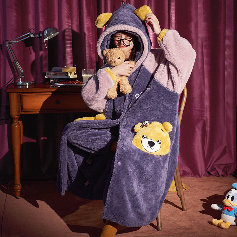 珊瑚绒秋冬季加绒可爱长款睡袍 缪黛睡袍/浴袍