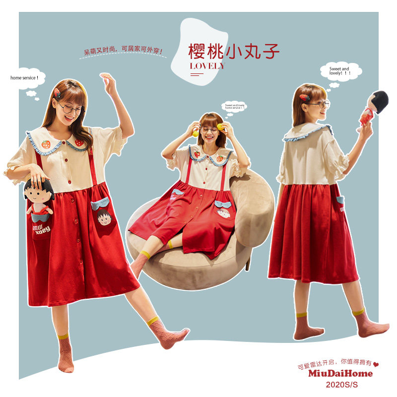 女春秋冬季纯棉长袖樱桃小丸子睡裙 缪黛睡裙