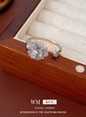 冷淡风镶锆石花朵开口戒指小众感食指戒时尚精致轻奢百搭手饰