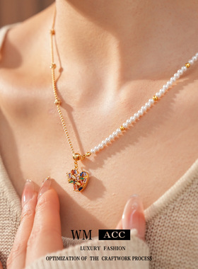 18k真金电镀串珠镶锆石小马葫芦珍珠项链轻奢小众锁骨链气质项饰