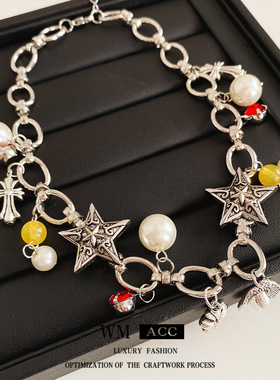 镶钻十字架星星吊坠珍珠项链时尚个性冷淡风锁骨链小众感饰品