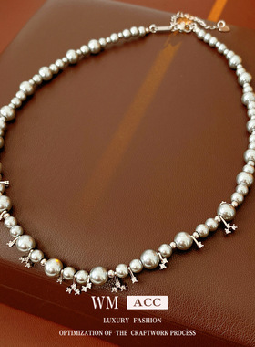 锆石珍珠串珠圆形吊坠项链轻奢小众锁骨链复古宫廷风饰品女感