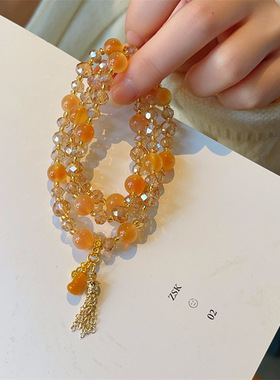 财源滚滚糖心玛瑙三层手链女轻奢小众高级感葫芦流苏吊坠水晶手串