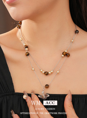 虎眼石圆形土星吊坠珍珠项链美拉德时尚复古锁骨链小众设计感饰品